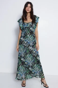 Floral Printed Metallic Midi Dress