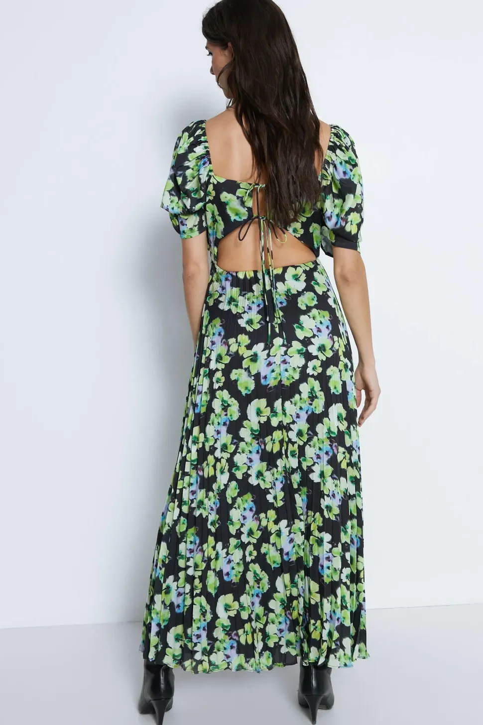 Floral Printed Ruched Sleeve Pleated Midi Dress