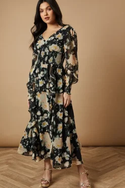 Floral Printed Ruffle Detail Shirred Waist Midaxi Dress