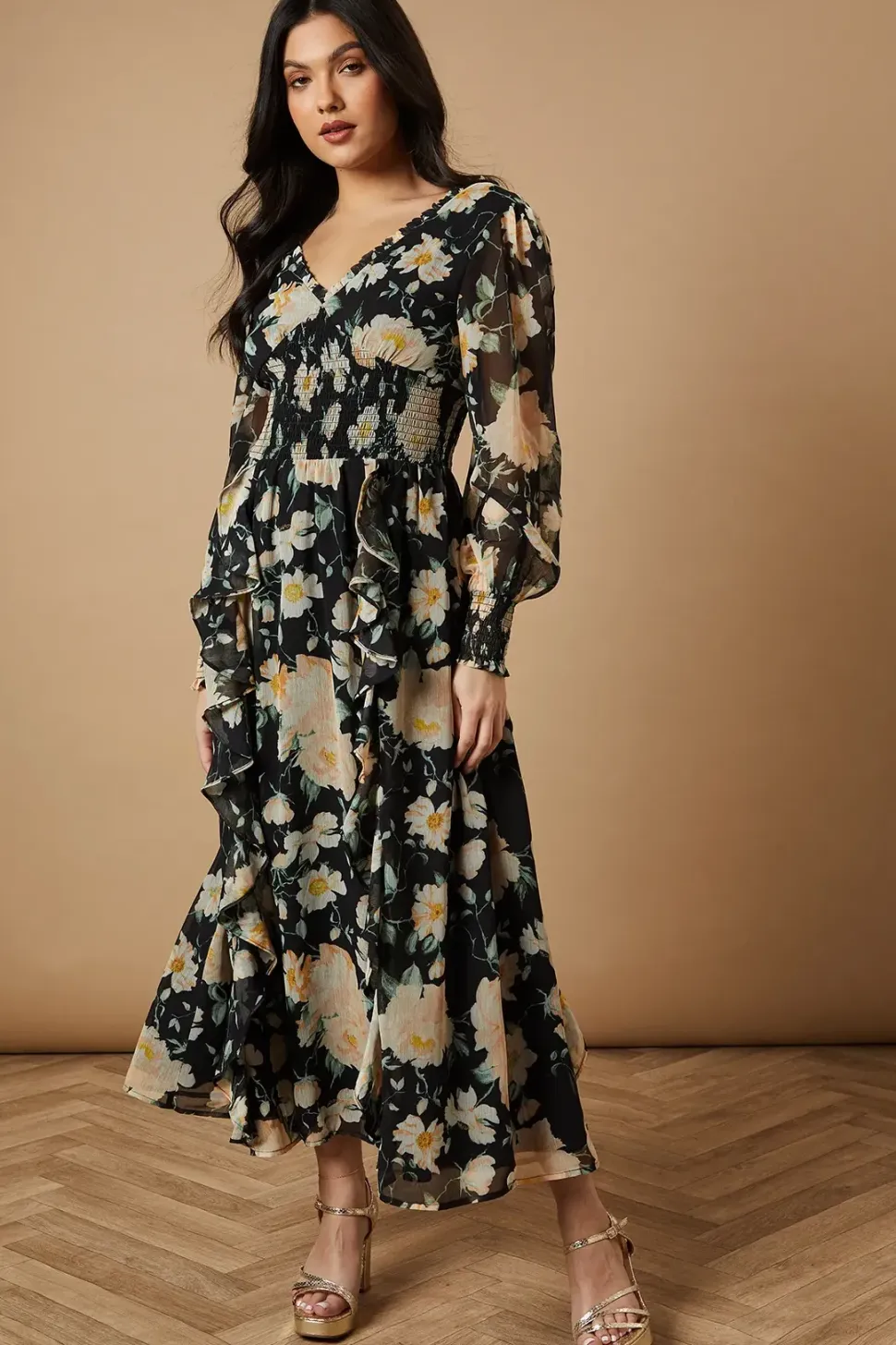 Floral Printed Ruffle Detail Shirred Waist Midaxi Dress