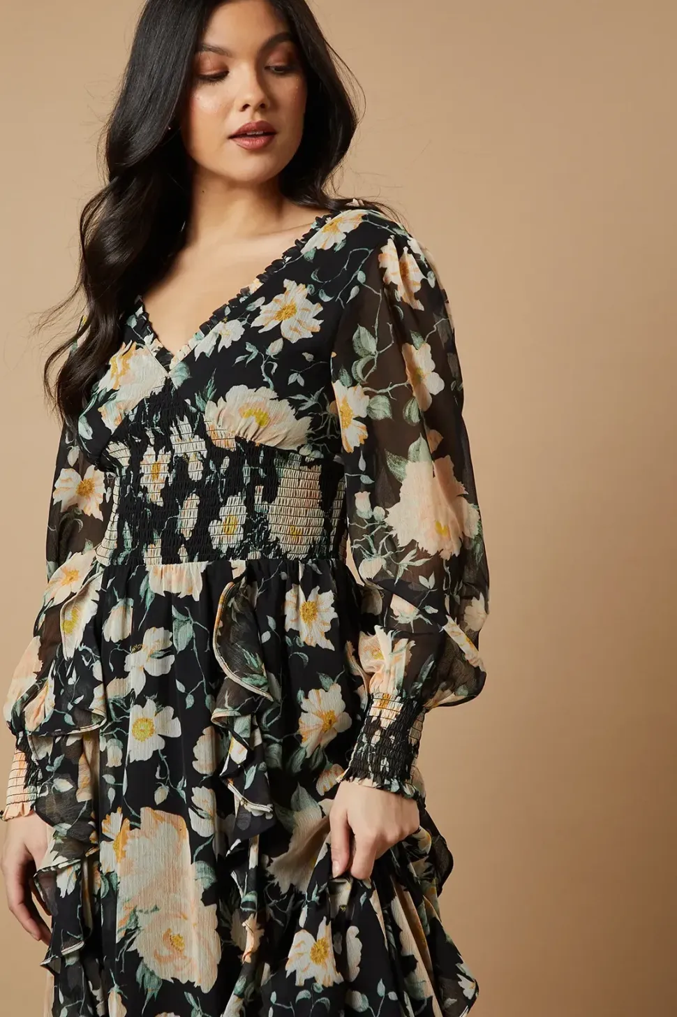 Floral Printed Ruffle Detail Shirred Waist Midaxi Dress