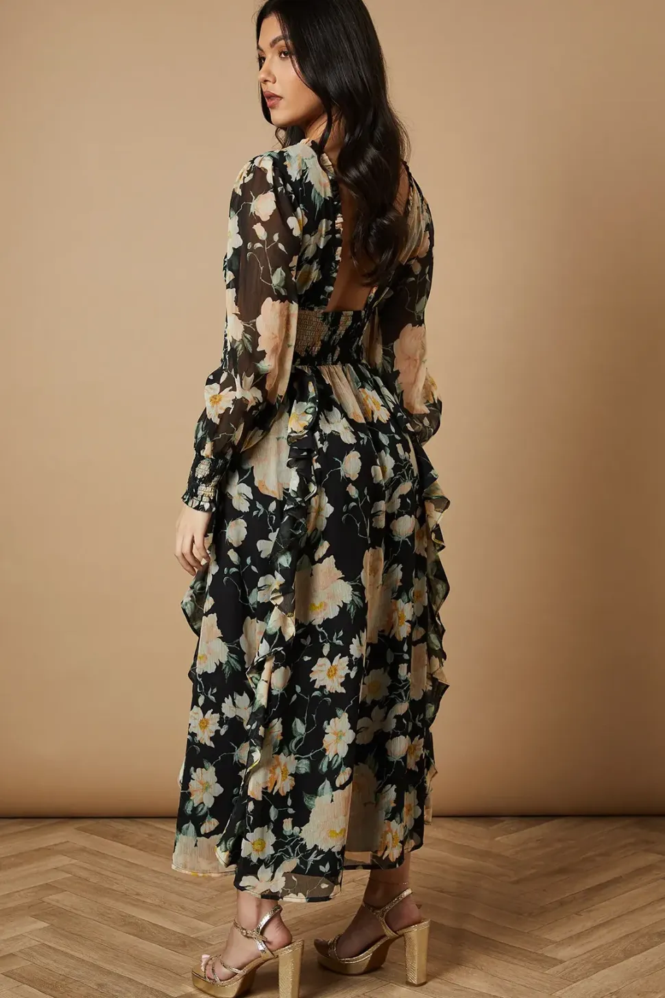 Floral Printed Ruffle Detail Shirred Waist Midaxi Dress