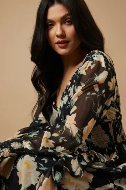 Floral Printed Ruffle Detail Shirred Waist Midaxi Dress