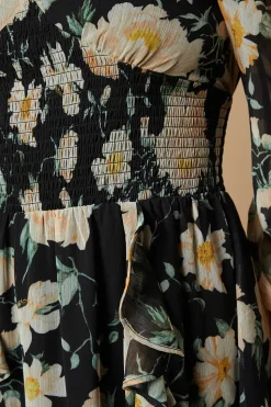 Floral Printed Ruffle Detail Shirred Waist Midaxi Dress