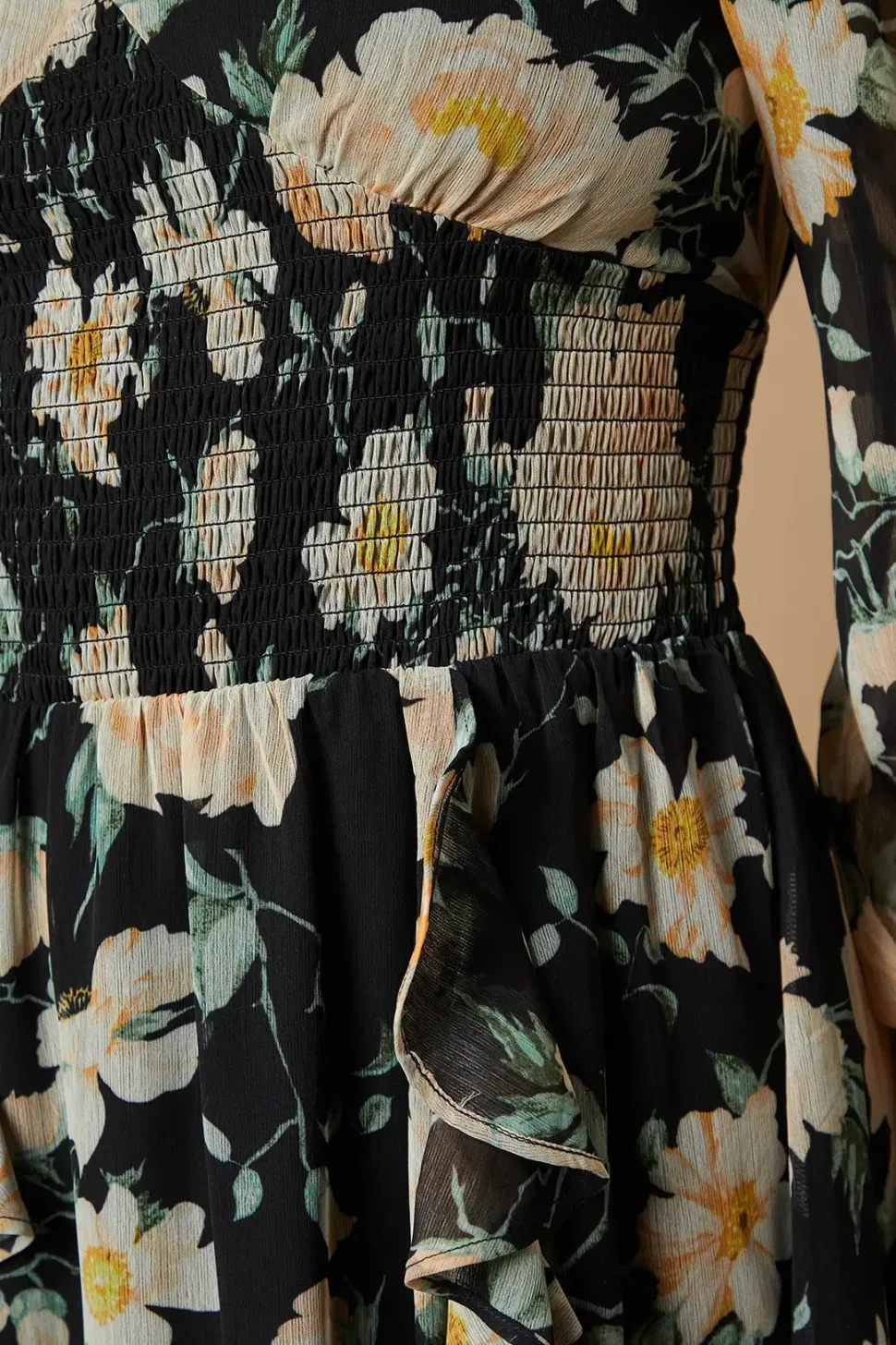 Floral Printed Ruffle Detail Shirred Waist Midaxi Dress