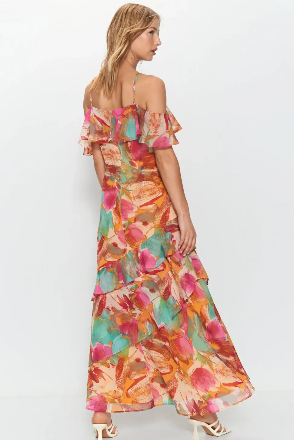 Floral Printed Ruffle Frill Detail Maxi Dress