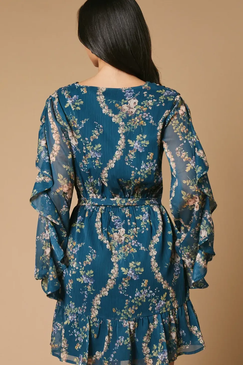Floral Printed Ruffle Sleeve Bow Detail Mini Dress