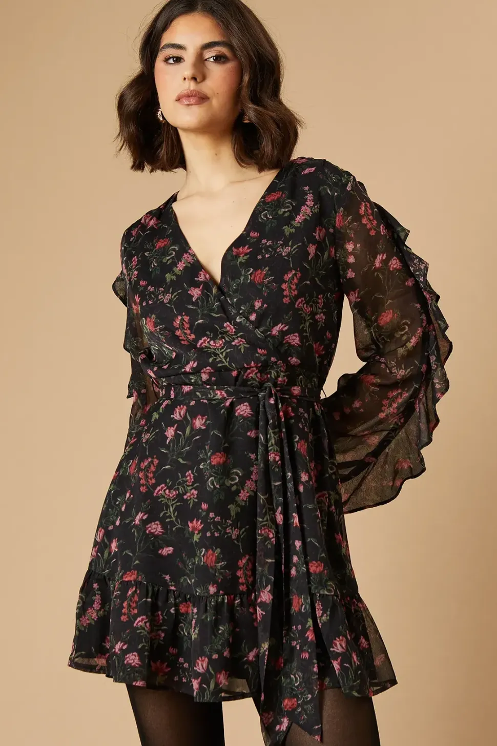Floral Printed Ruffle Sleeve Bow Detail Mini Dress