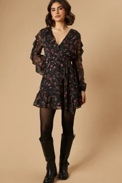 Floral Printed Ruffle Sleeve Bow Detail Mini Dress