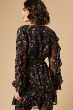 Floral Printed Ruffle Sleeve Bow Detail Mini Dress