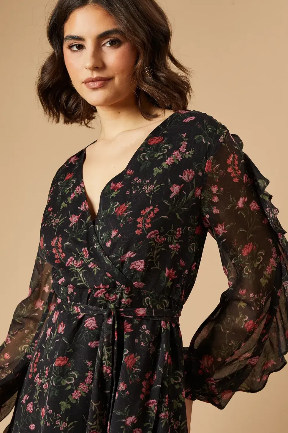 Floral Printed Ruffle Sleeve Bow Detail Mini Dress