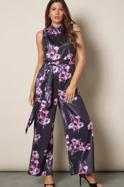 Floral Printed Satin Belted Jumpsuit