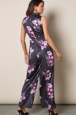 Floral Printed Satin Belted Jumpsuit