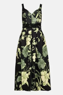 Floral Printed Scuba Lace Detail Midi Dress