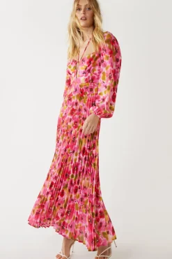 Floral Printed Strap Detail Pleated Midi Dress