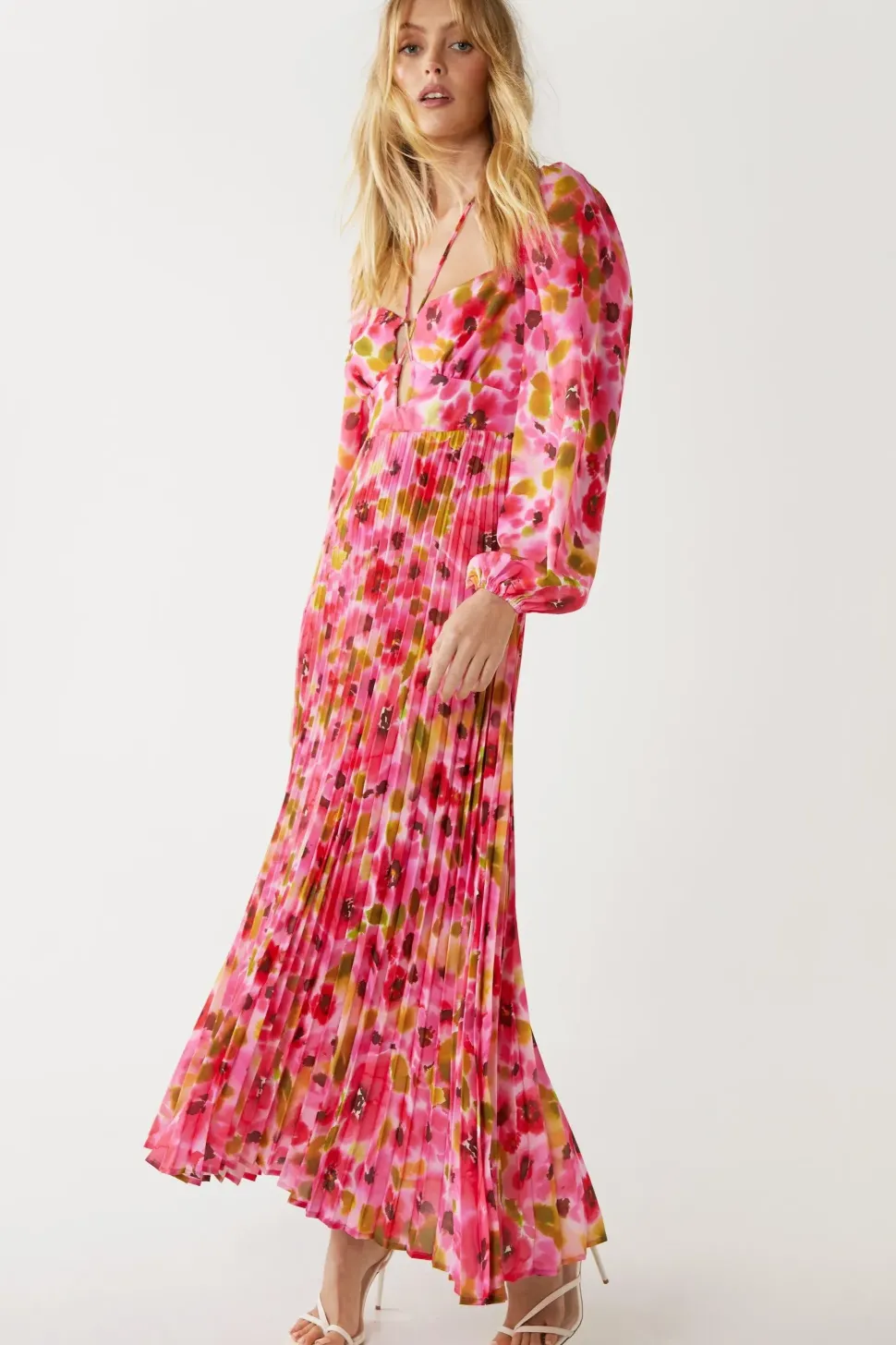 Floral Printed Strap Detail Pleated Midi Dress