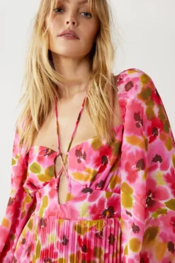 Floral Printed Strap Detail Pleated Midi Dress