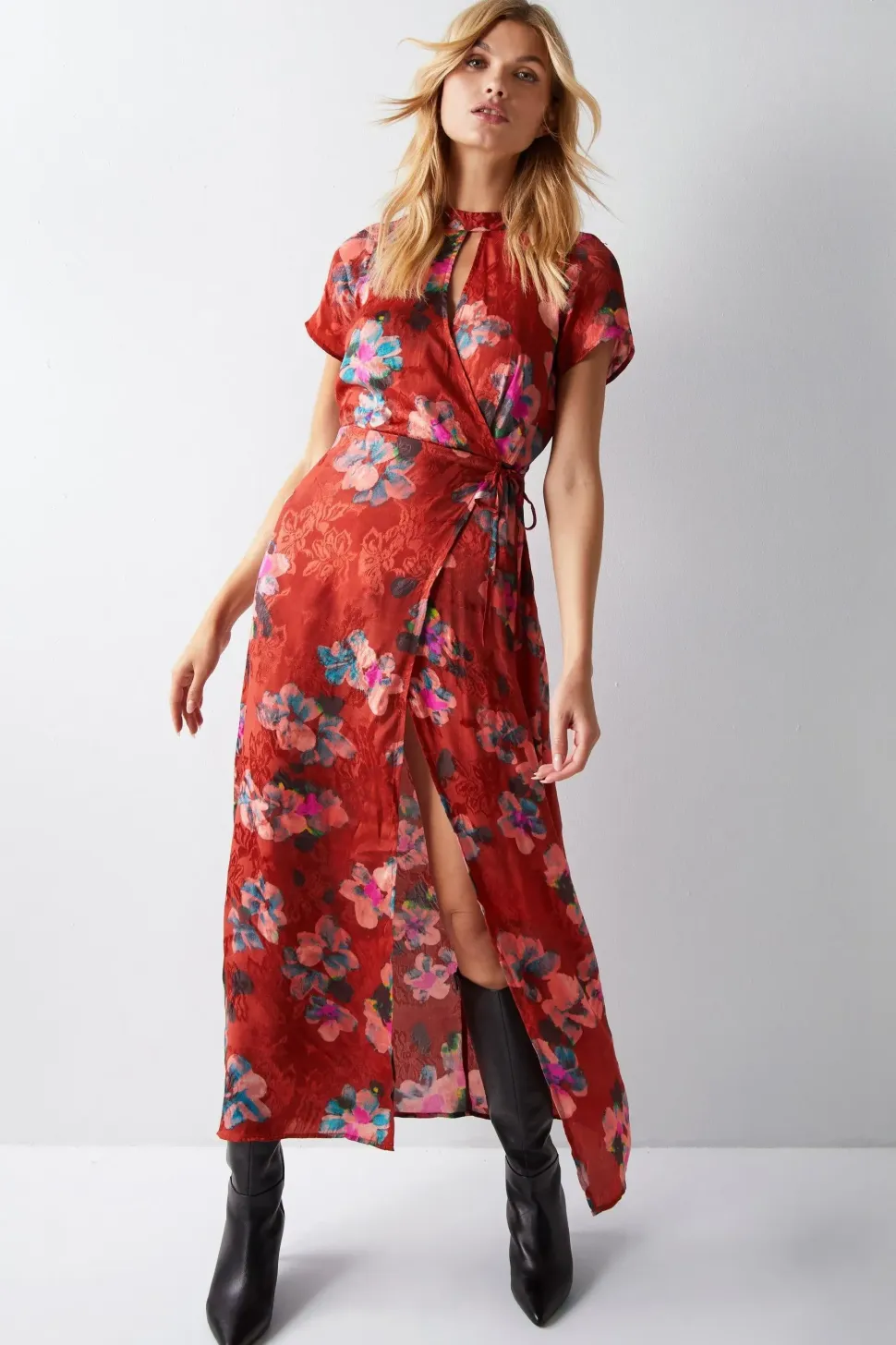 Floral Printed Viscose Jacquard Keyhole Midi Dress