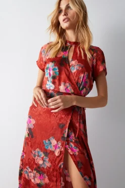 Floral Printed Viscose Jacquard Keyhole Midi Dress