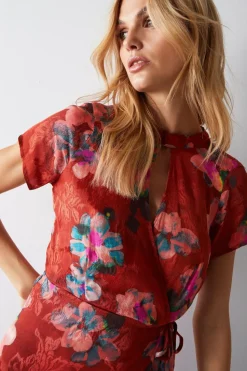 Floral Printed Viscose Jacquard Keyhole Midi Dress