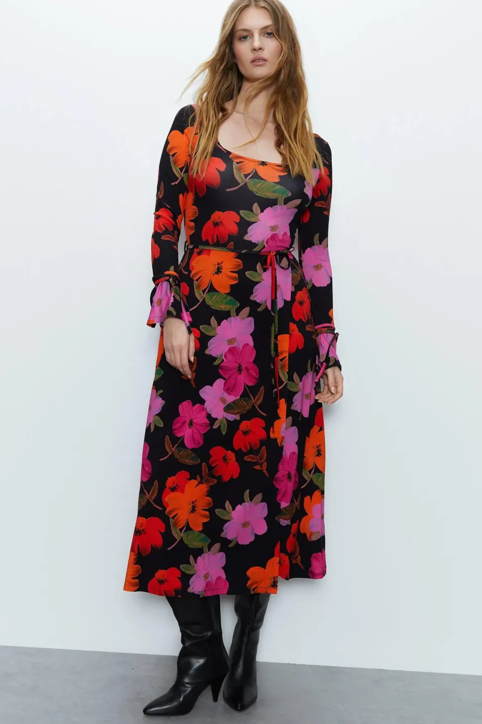 Floral Print Fluted Sleeve Wrap Dress
