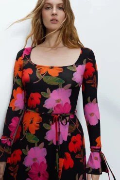 Floral Print Fluted Sleeve Wrap Dress