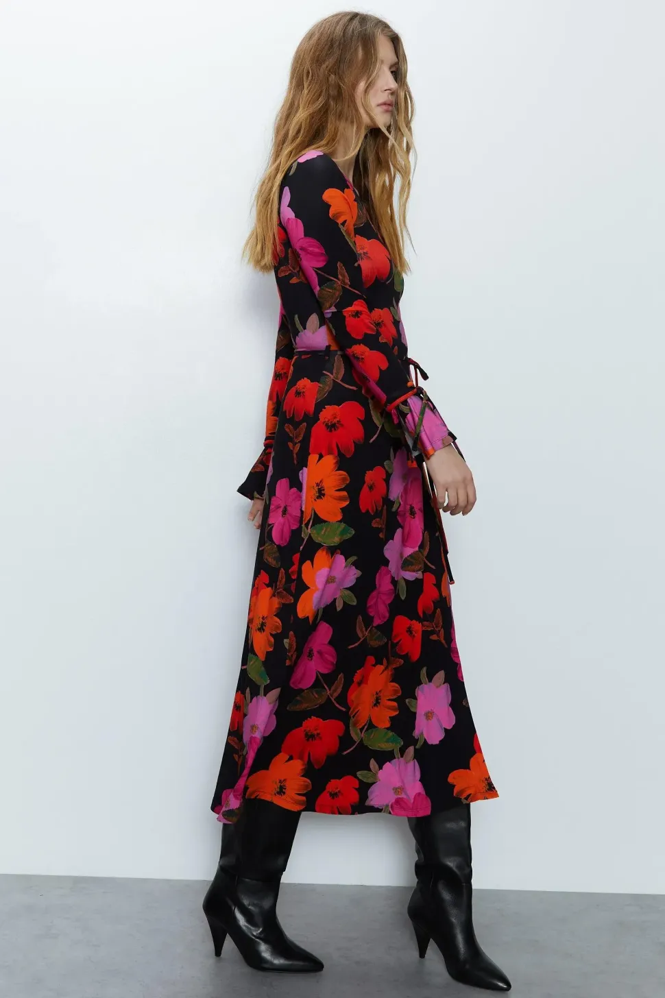 Floral Print Fluted Sleeve Wrap Dress