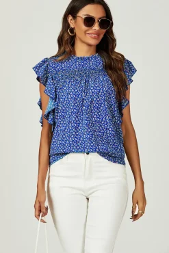Floral Print Frill Hem Short Sleeve Blouse Top In Blue