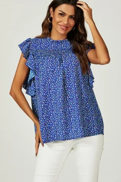 Floral Print Frill Hem Short Sleeve Blouse Top In Blue