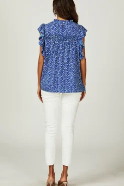Floral Print Frill Hem Short Sleeve Blouse Top In Blue