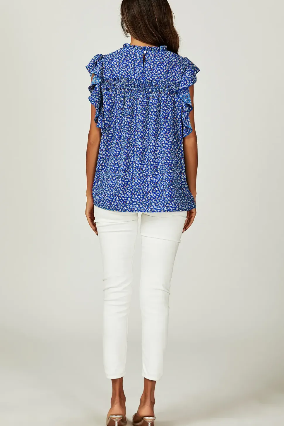 Floral Print Frill Hem Short Sleeve Blouse Top In Blue