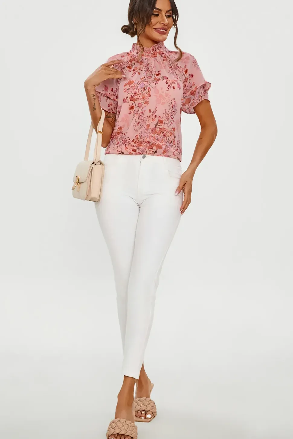Floral Print Frill Hem Sleeve High Neck Blouse Top In Pink