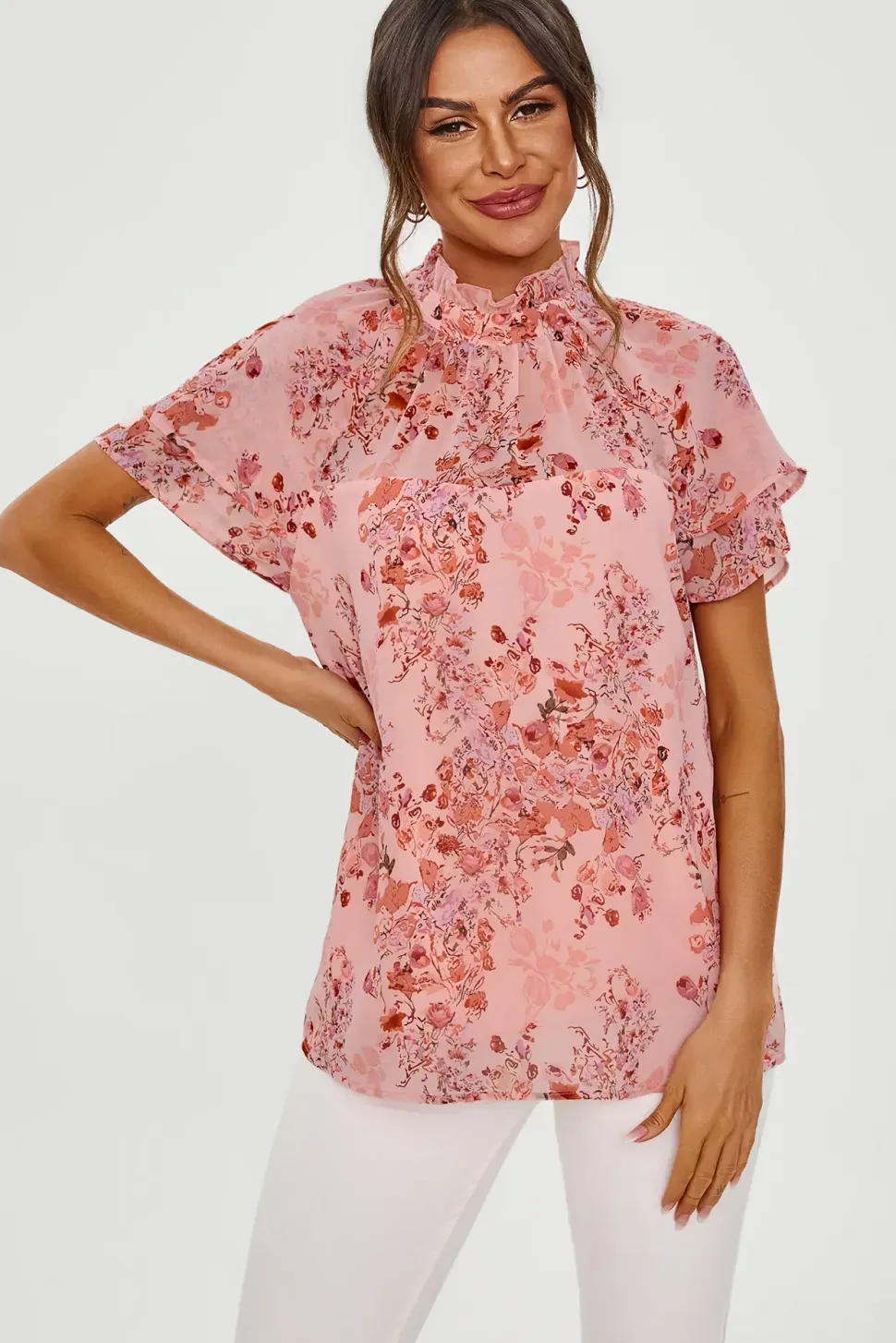 Floral Print Frill Hem Sleeve High Neck Blouse Top In Pink