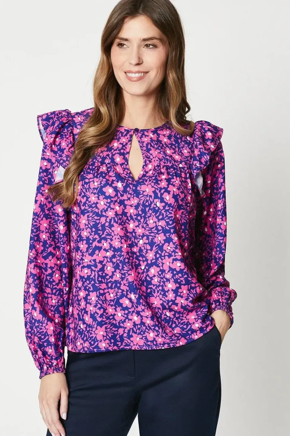Floral Print Frill Shoulder Blouse