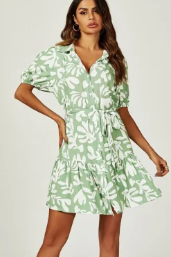 Floral Print Hem Tiered Shirt Mini Dress In Green