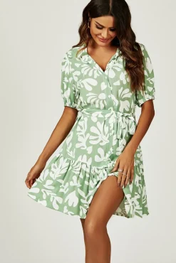 Floral Print Hem Tiered Shirt Mini Dress In Green