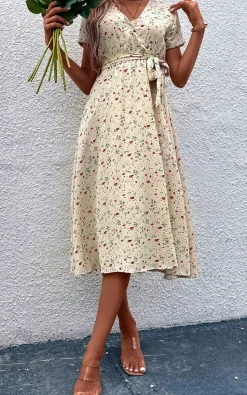 Floral Print High Waist Wrap Midi Dress In Beige