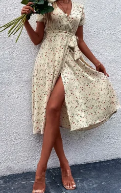Floral Print High Waist Wrap Midi Dress In Beige