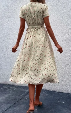 Floral Print High Waist Wrap Midi Dress In Beige