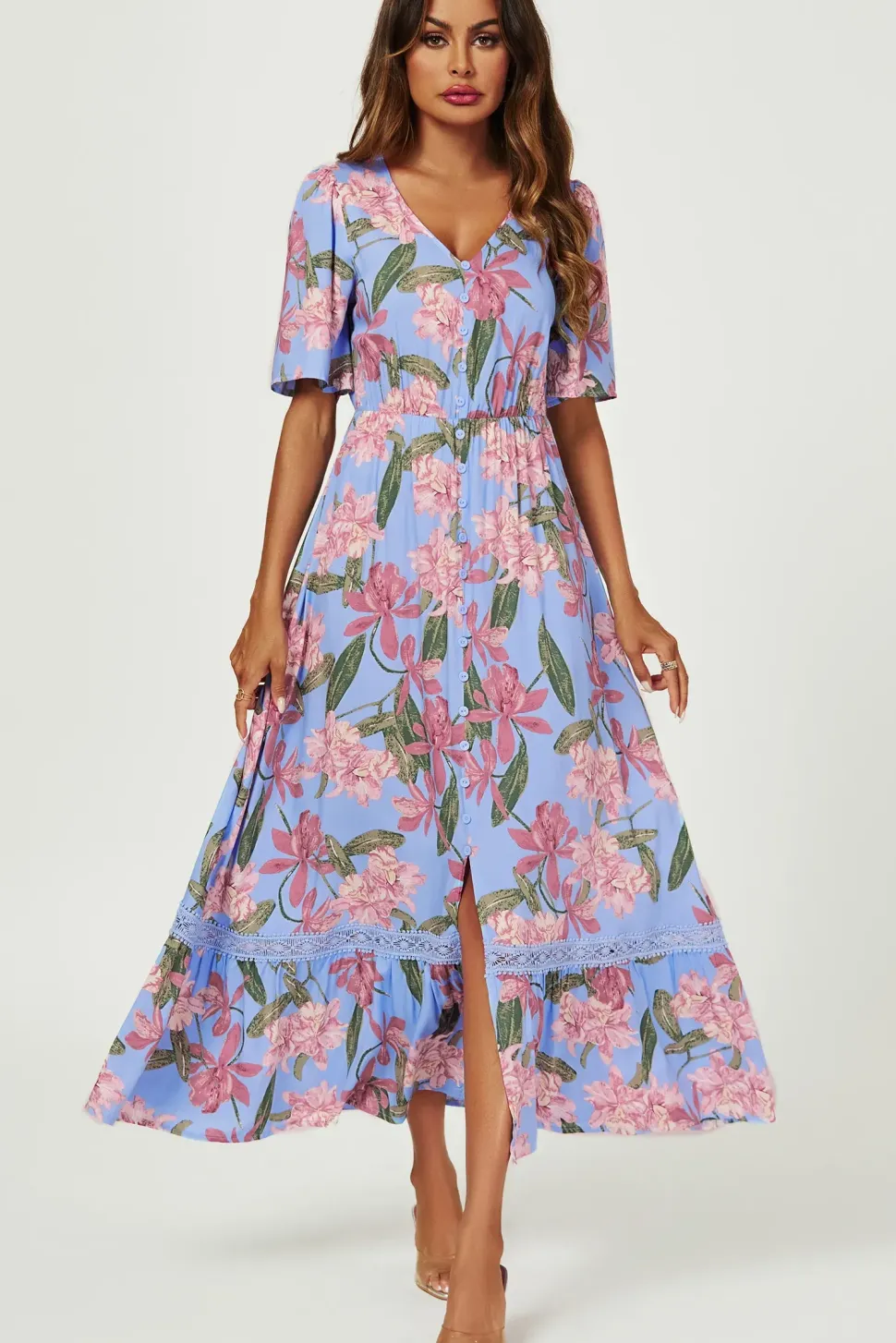 Floral Print Lace Detail Maxi Dress In Blue