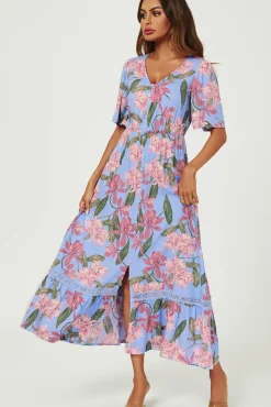 Floral Print Lace Detail Maxi Dress In Blue