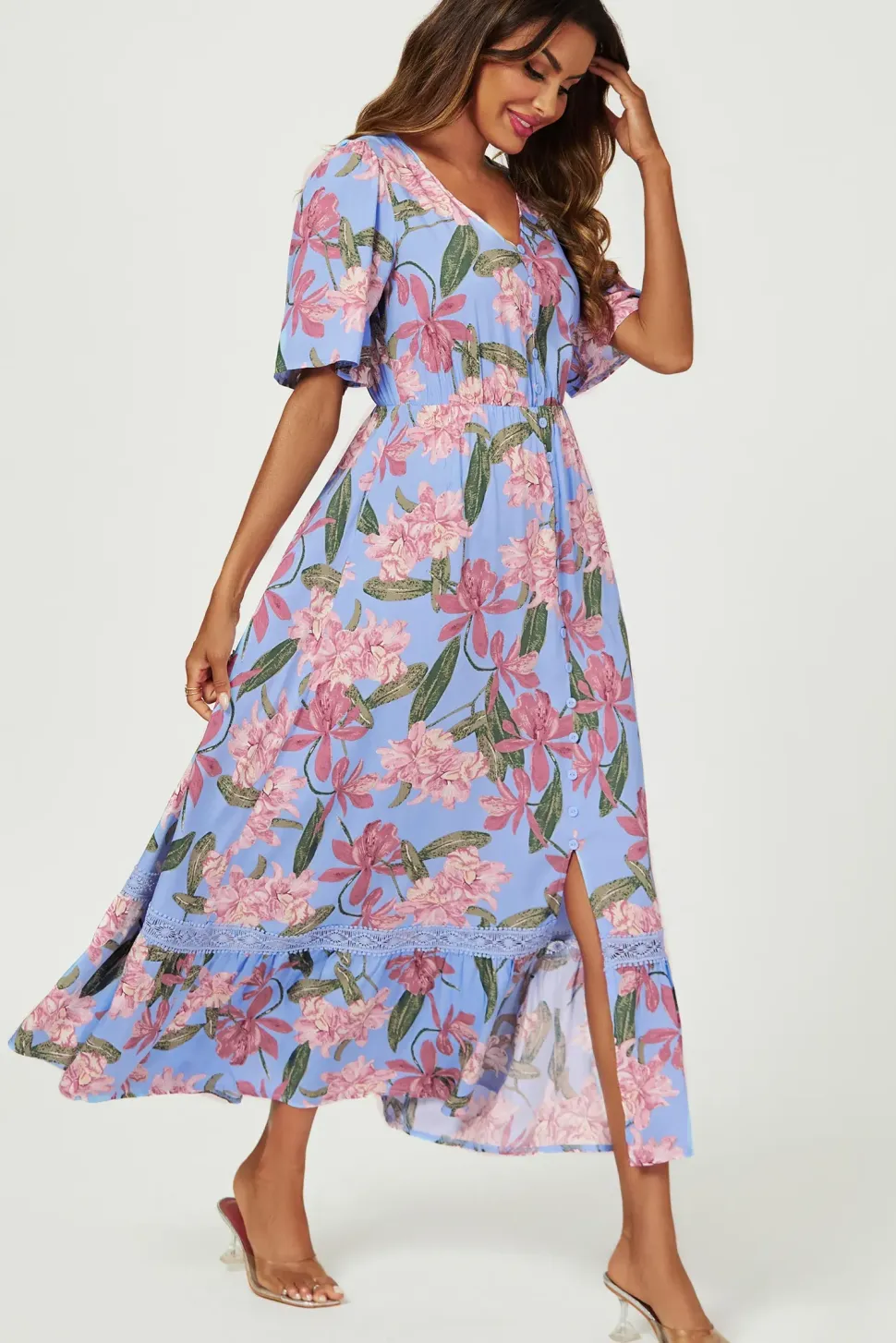 Floral Print Lace Detail Maxi Dress In Blue