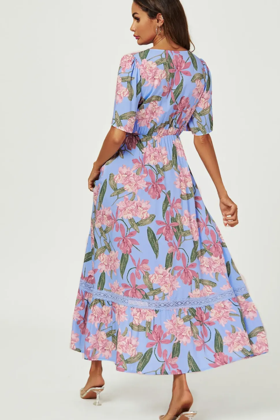 Floral Print Lace Detail Maxi Dress In Blue