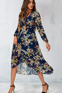 Floral Print Lace Trim Deep V Neck Long Sleeve Midi Dress In Navy