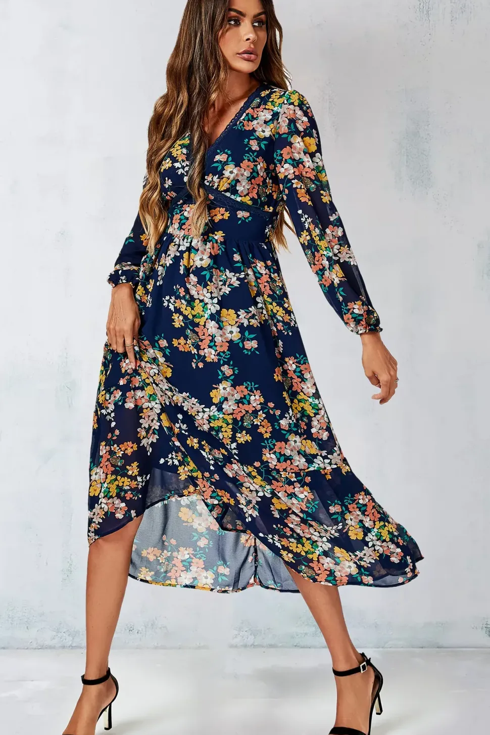 Floral Print Lace Trim Deep V Neck Long Sleeve Midi Dress In Navy