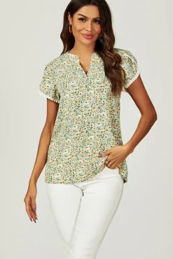 Floral Print Lace Trim Short Sleeve Blouse Top In Green Yellow