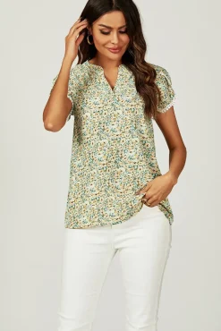 Floral Print Lace Trim Short Sleeve Blouse Top In Green Yellow