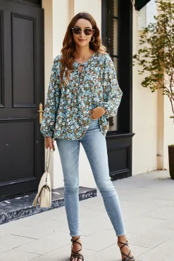 Floral Print long sleeve Blouse Top In Blue