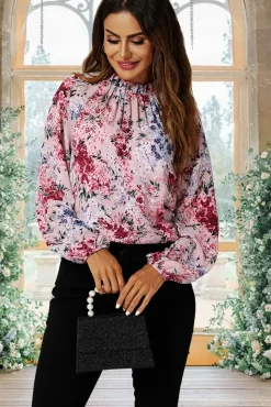 Floral Print Long Sleeve Frill High Neck Top In Pink