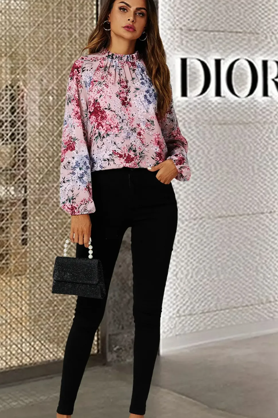 Floral Print Long Sleeve Frill High Neck Top In Pink